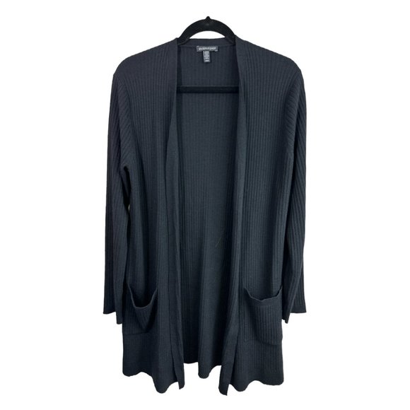 Eileen Fisher Black Wool Ribbed Long Line Sweater Cardigan...